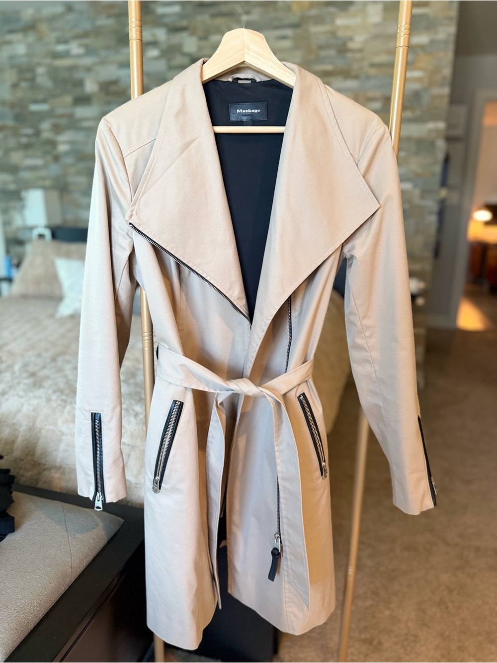 Mackage Light Beige Trench Coat with Belt and Zip Details